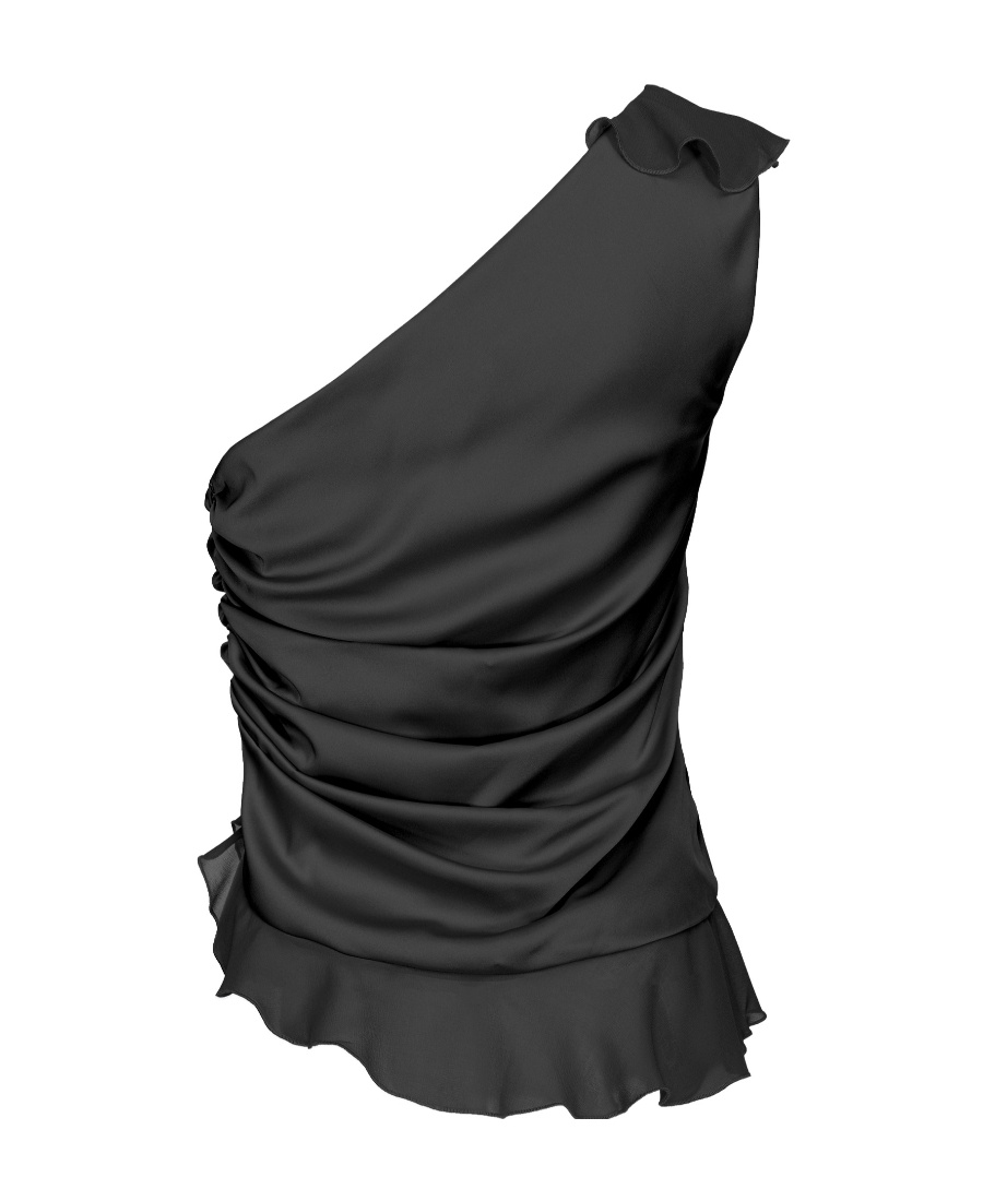 Pinko Fotoione Satin Ruffled One Shoulder Top In Black