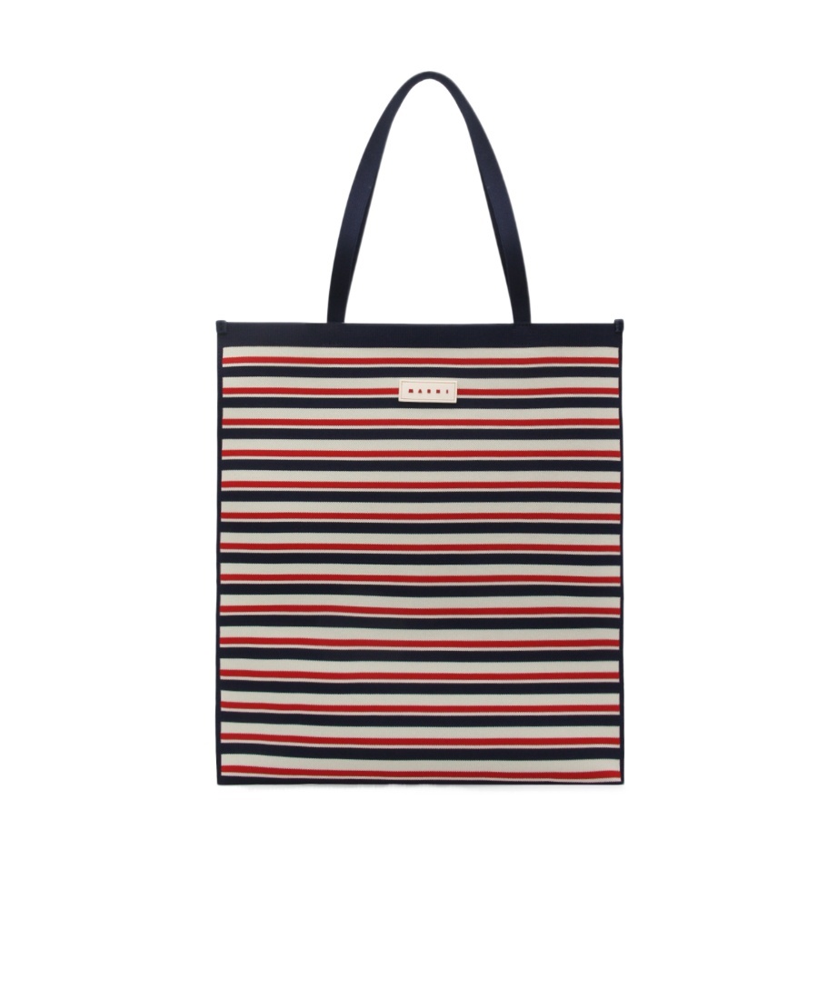 Shop Marni Logo Patch Striped Tote Bag In Black
