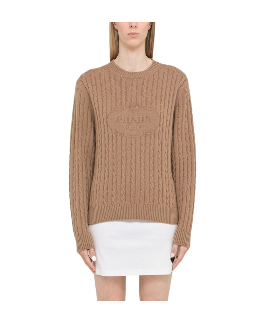 Prada Textured Cable Knit Sweater In Brown