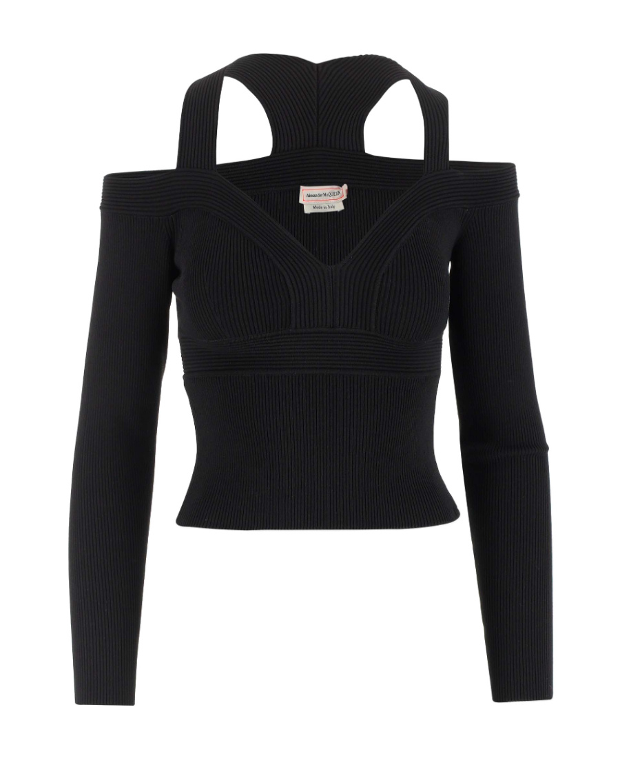 Alexander Mcqueen Black Cropped Top With Cut-out Details Black In Jersey Stretch Woman In Black