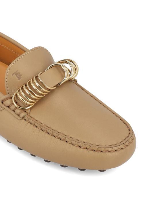 Tod's Rounded Toe Leather Loafers With Decorative Metal Ring In Brown
