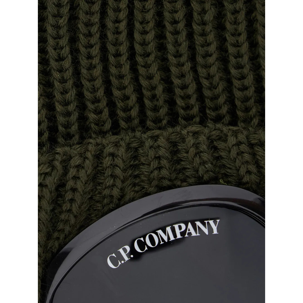 C.p. Company Green Knit Beanie With Googles Detail On The Front