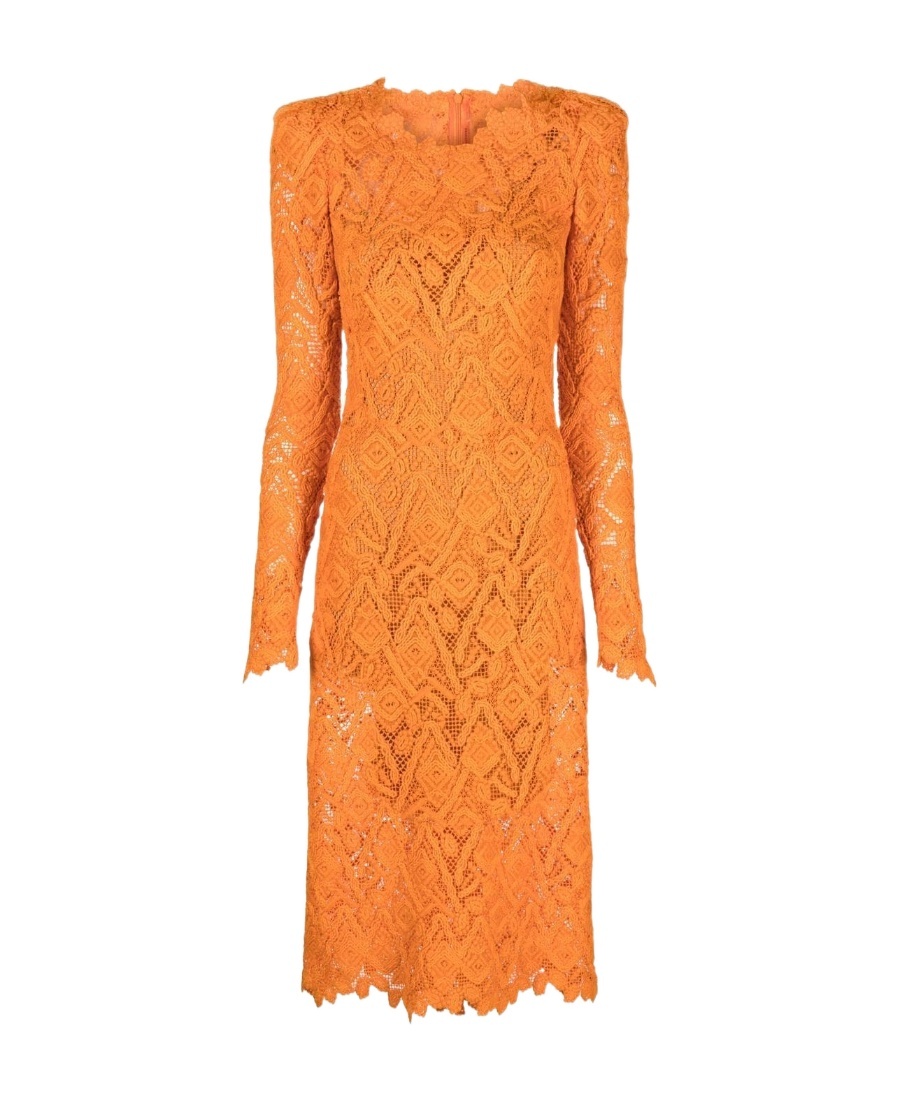 Ermanno Scervino Sheer Geometric Lace Dress With Long Sleeves In Orange