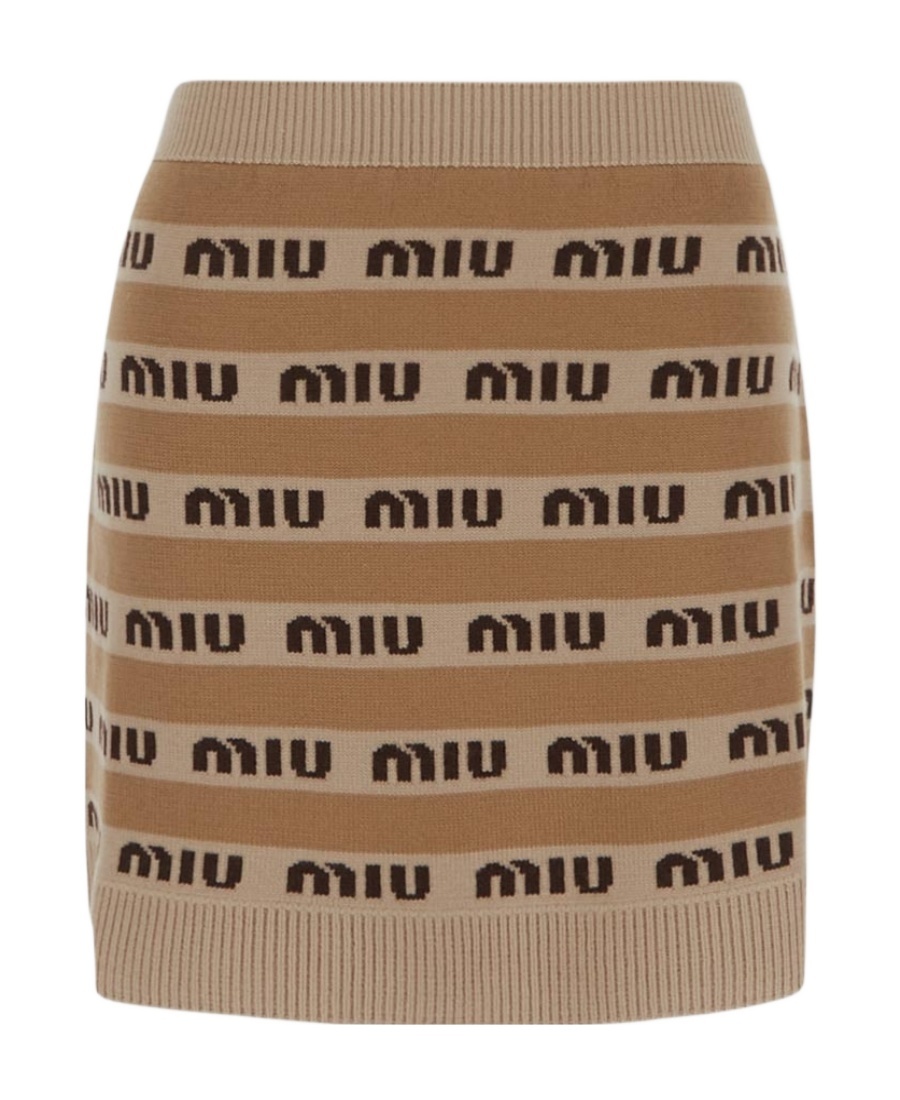 Miu Miu Logo-intarsia Wool Miniskirt In Brown