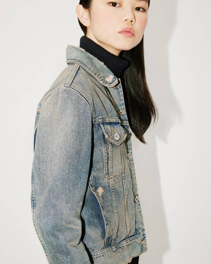 Kenzo Denim Ripped Jacket With Peter Pan Collar In Blue