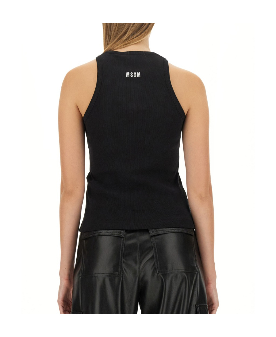 Msgm Fitted Sleeveless Ribbed Cotton Top With Embroidered Detail In Black