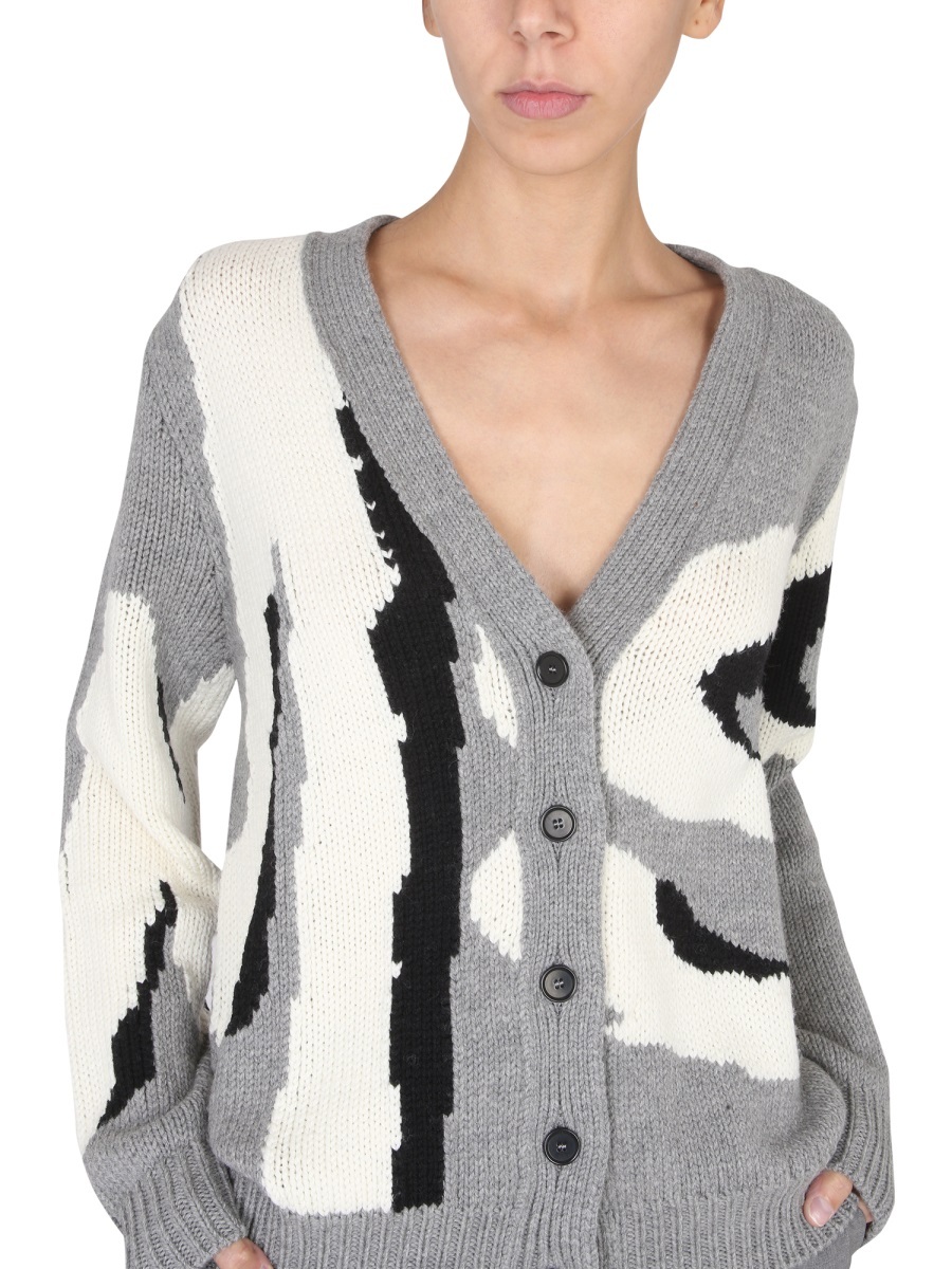 Shop Msgm Logo-print Knit Cardigan In Gray