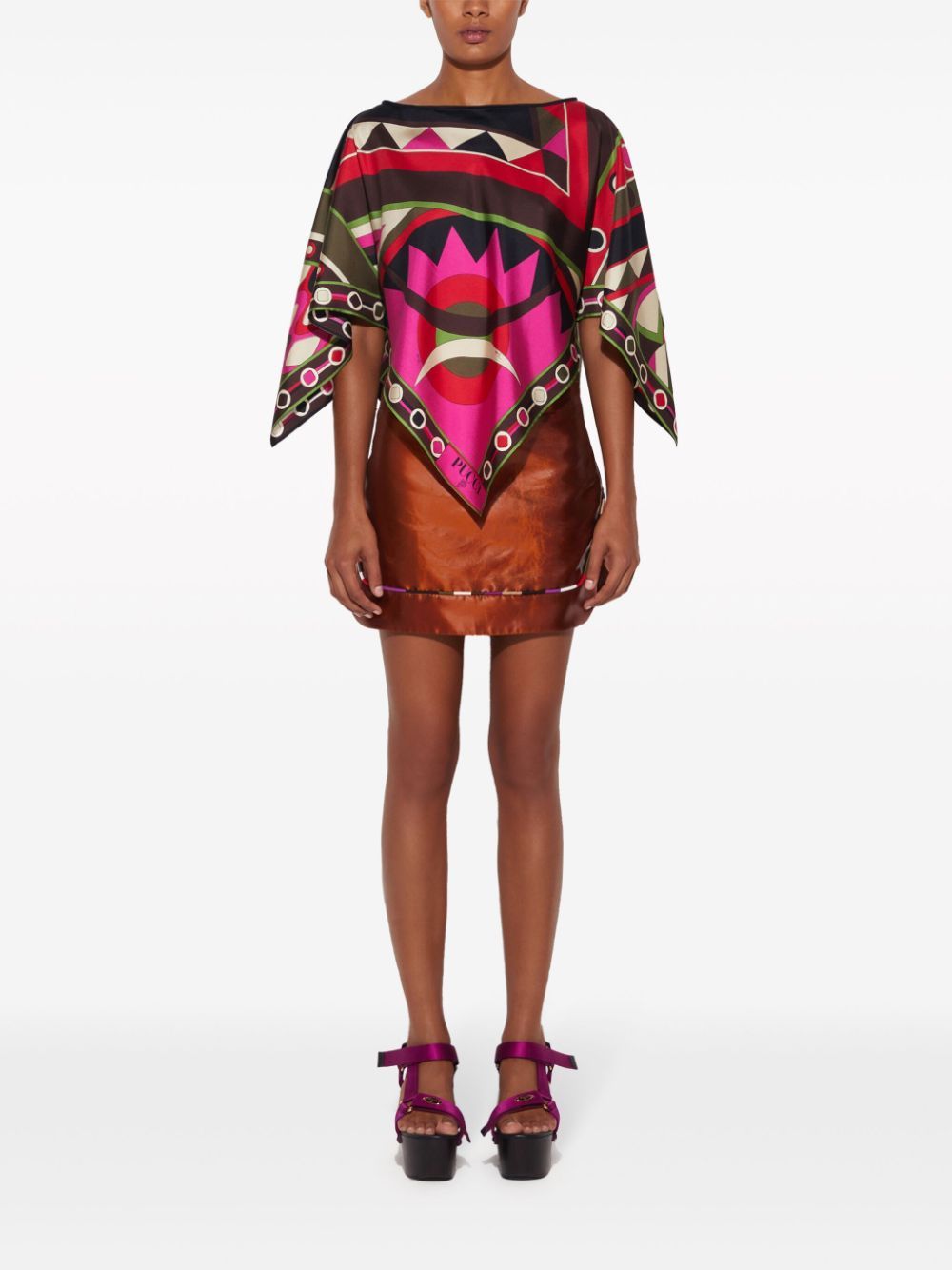 Pucci Abstract Boat Neckline Silk Loose Fit Top In Red