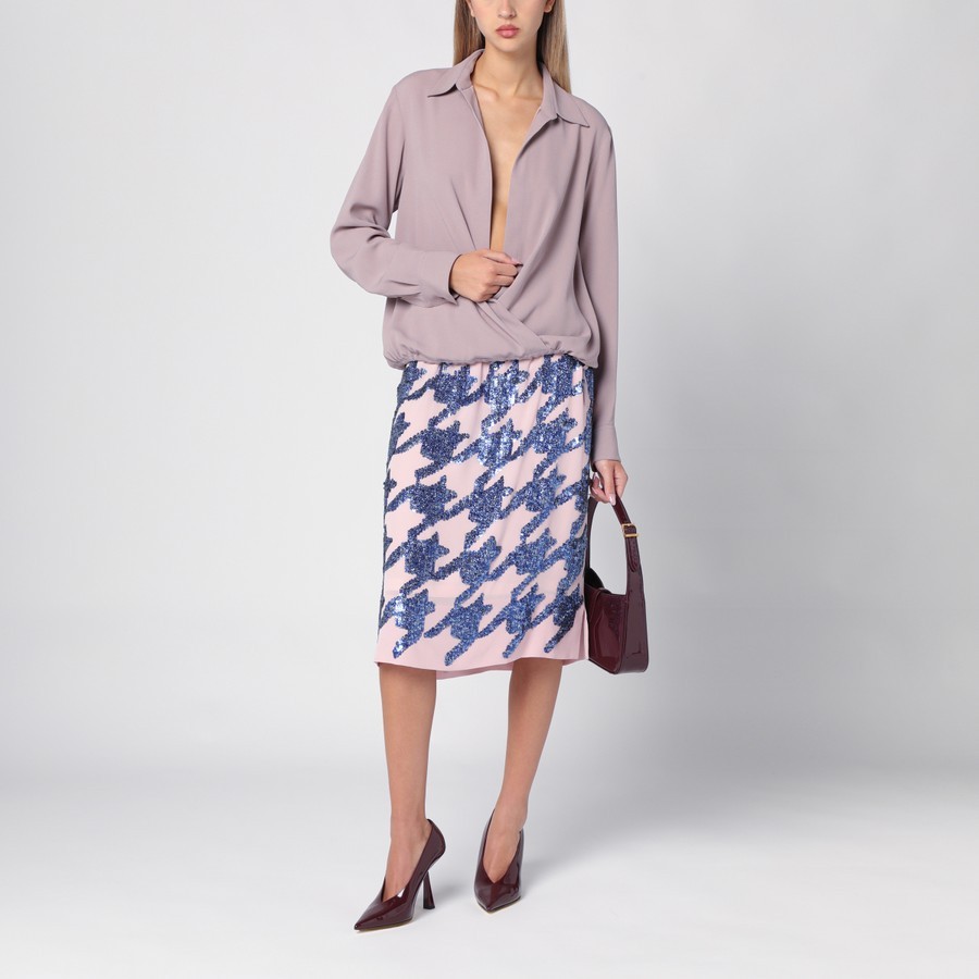 Dries Van Noten Sequin Silk Skirt Houndstooth Pattern In Blue
