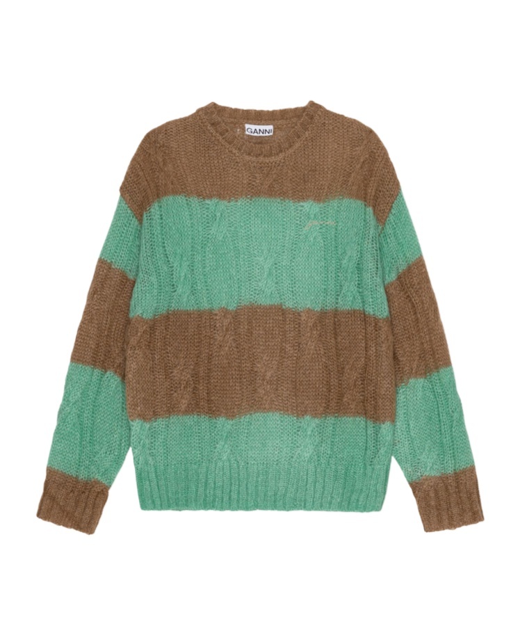 Shop Ganni Striped Mohair Cable O-neck Sweater In Green