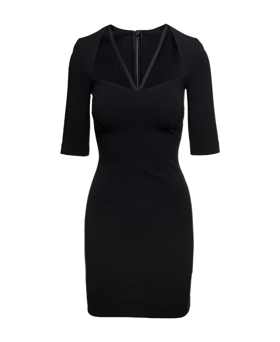 Dolce & Gabbana Black Mini Dress With Short Sleeves And Neckline Detail In Viscose Blend Woman In Black