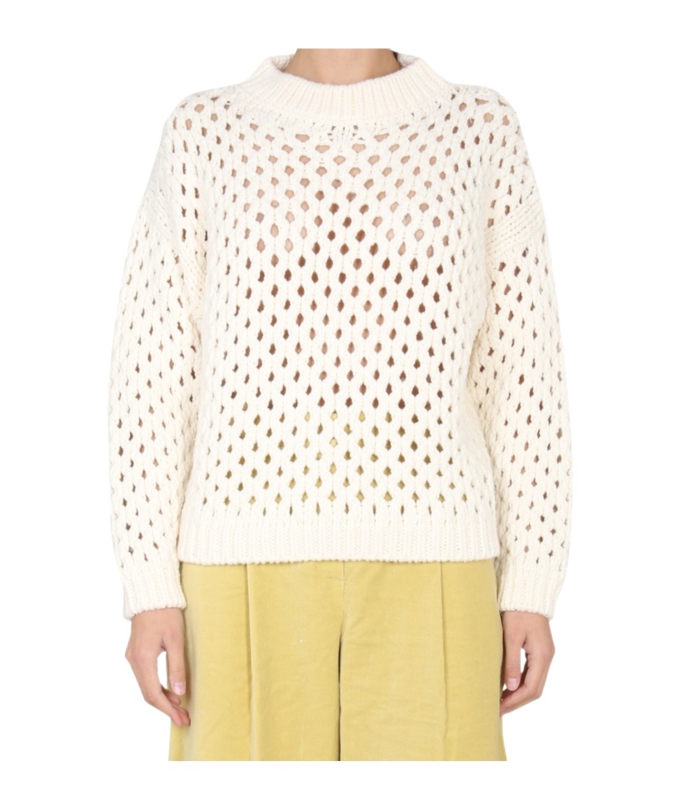Alysi Cross-neck Knit Sweater With Ribbed Details In Beige