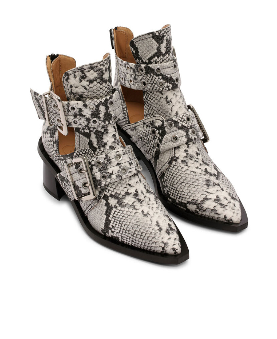 Ganni Snake Printed Chunky Buckle Open Cut Boots In Gray