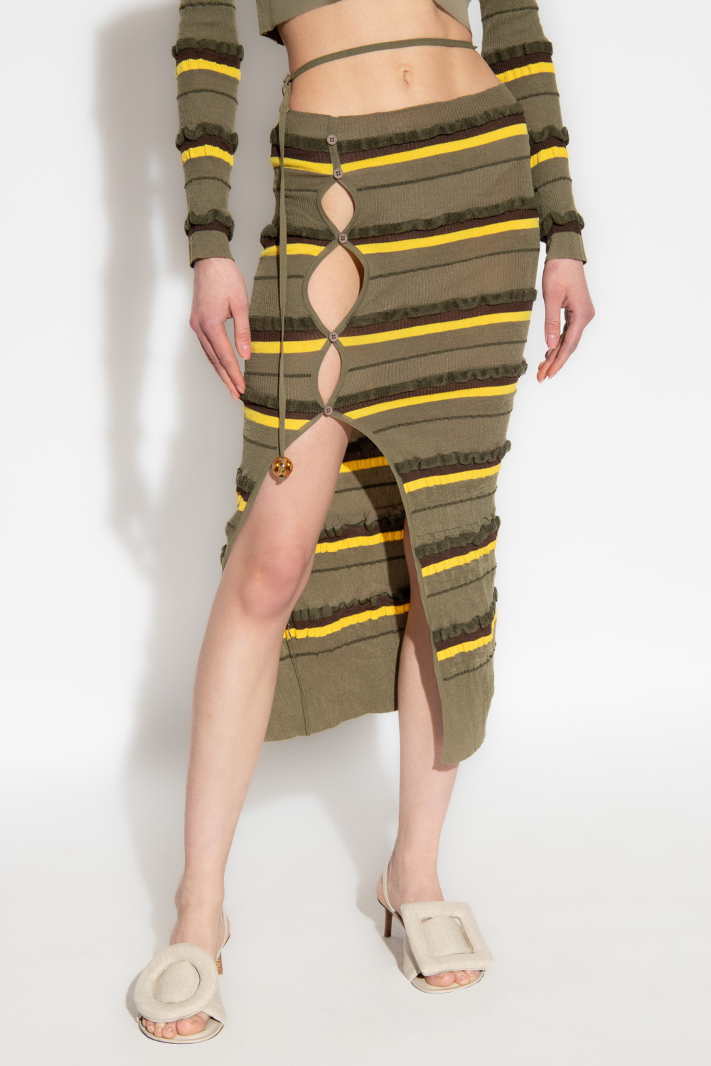 Jacquemus Concha Cutout Striped Seersucker Midi Skirt In Brown