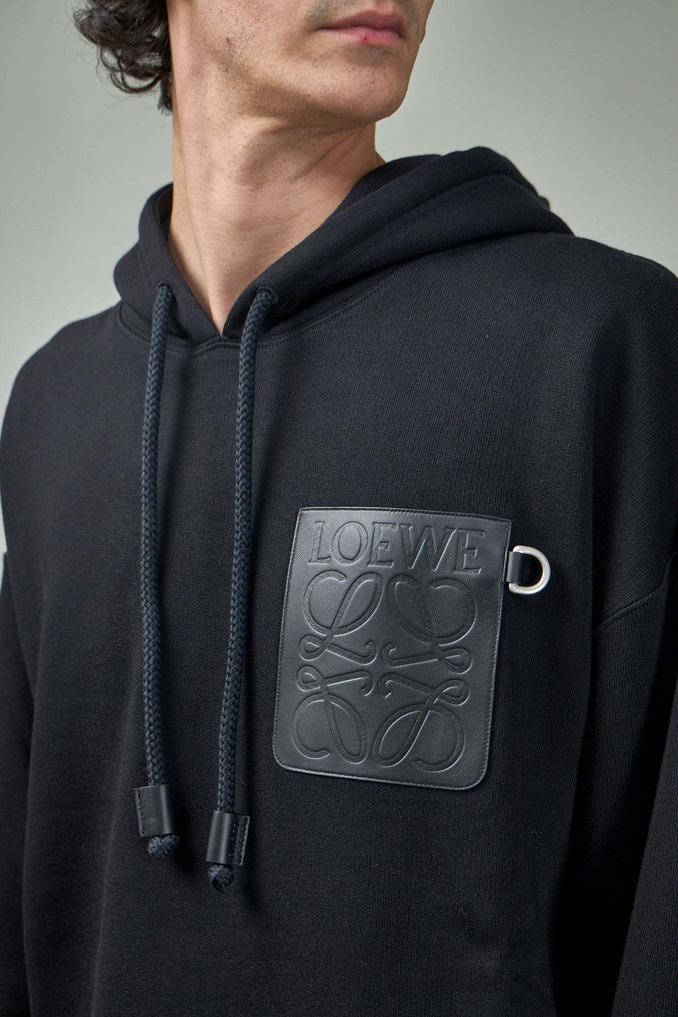 Loewe Anagram Patch Drawstring Cotton Hoodie In Black