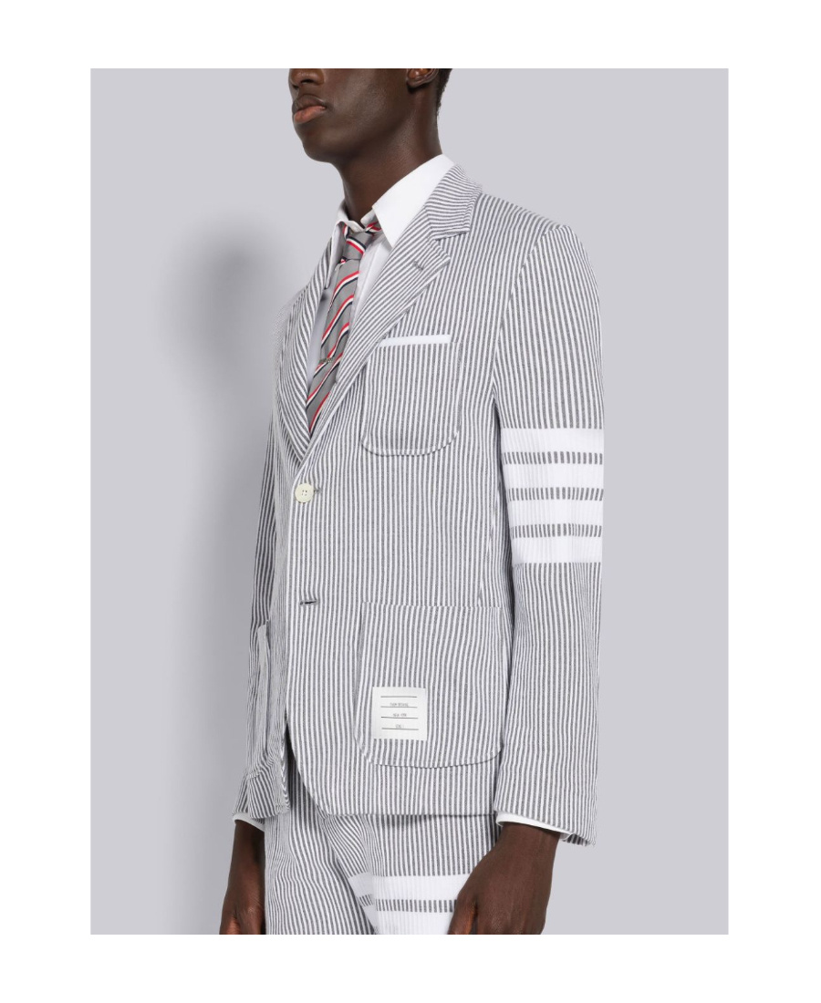 Shop Thom Browne 4-bar Seersucker Single-breasted Blazer In Gray
