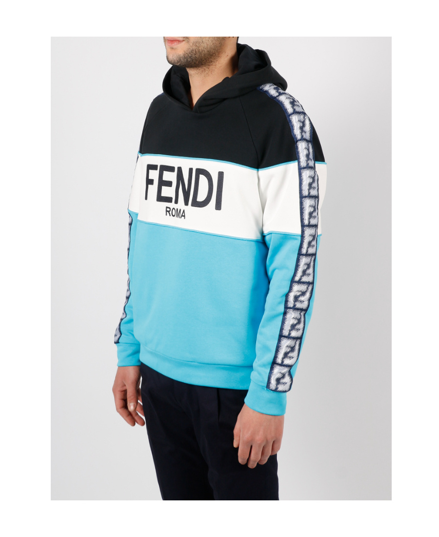 Fendi Logo-print Monogram-band Hoodie In Blue