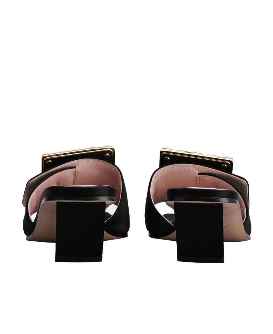 ROGER VIVIER BIKI LOVE STRASS BUCKLE MULES IN SATIN