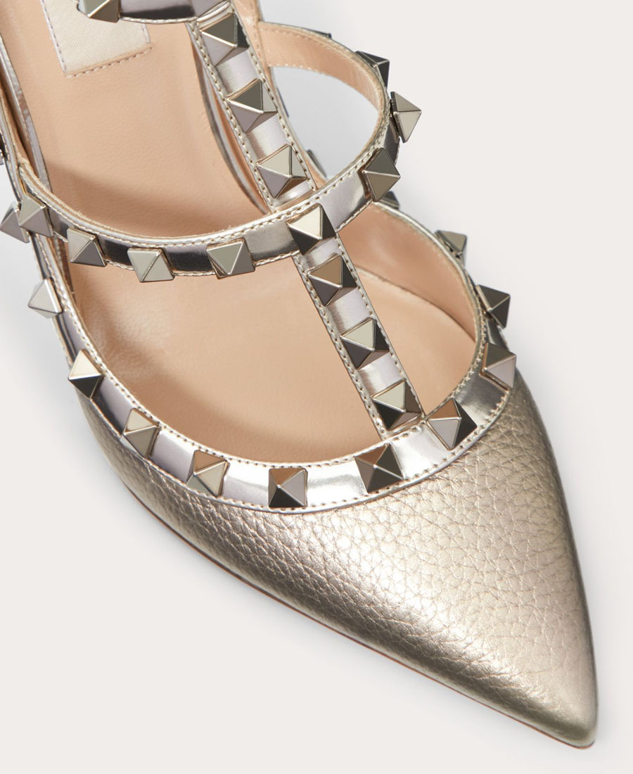 Shop Valentino Rockstud Metallic Ankle Strap Pump 100 Mm In Nude