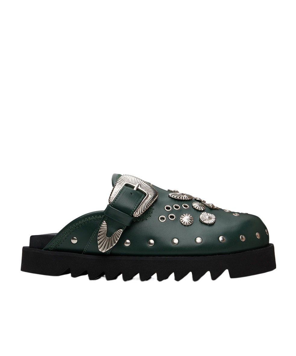 Toga Virilis Ssense Exclusive Green Eyelet Metal Sabot Slip-on Loafers In Black