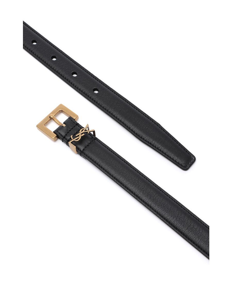 Saint Laurent Cassandre Thin Belt With Square Buckle In Box Leather Accessories In Black