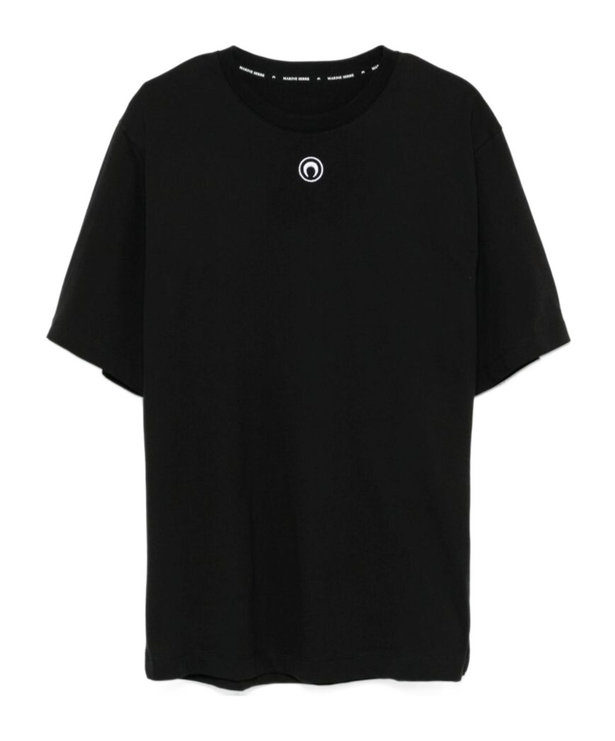 Marine Serre Black Crewneck T-shirt With Logo Embroidery On The Front And Logo Patch On The Rear In Black