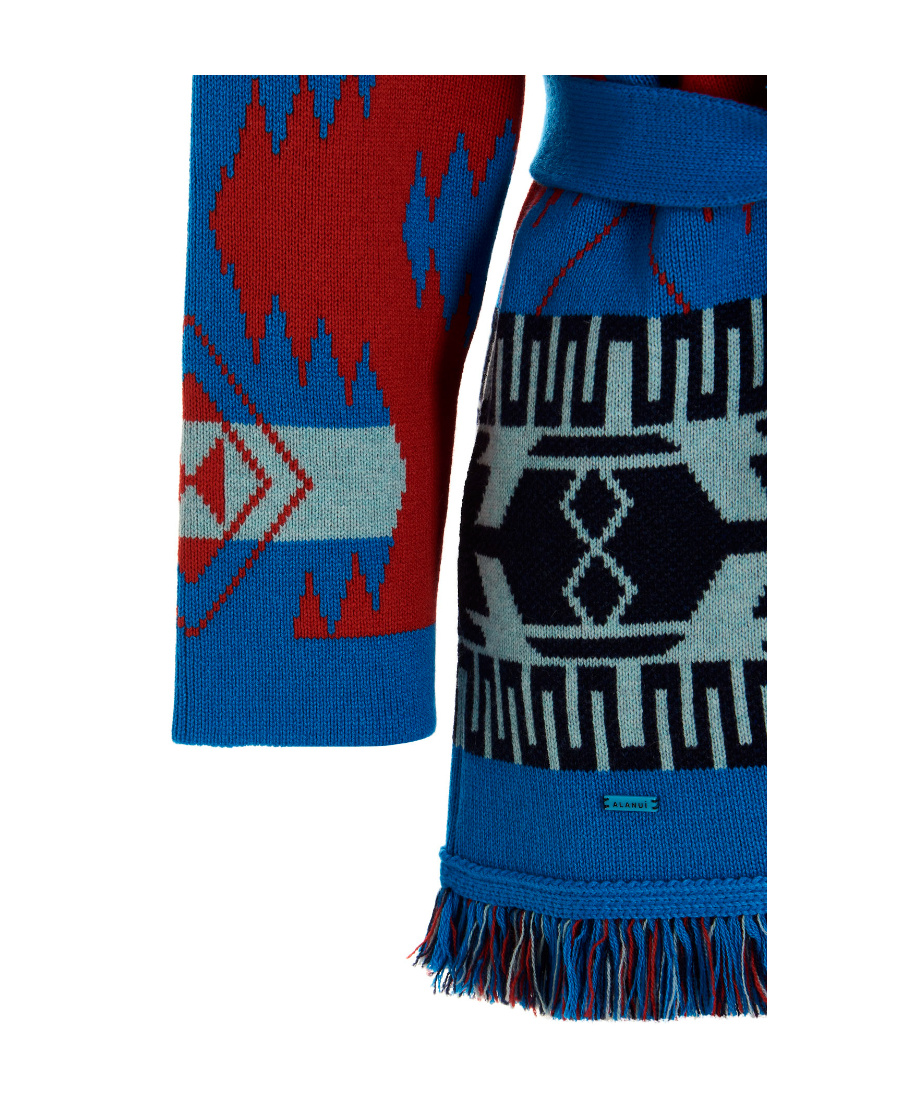 Shop Alanui Intarsia-knit Belted-waist Cardigan In Blue