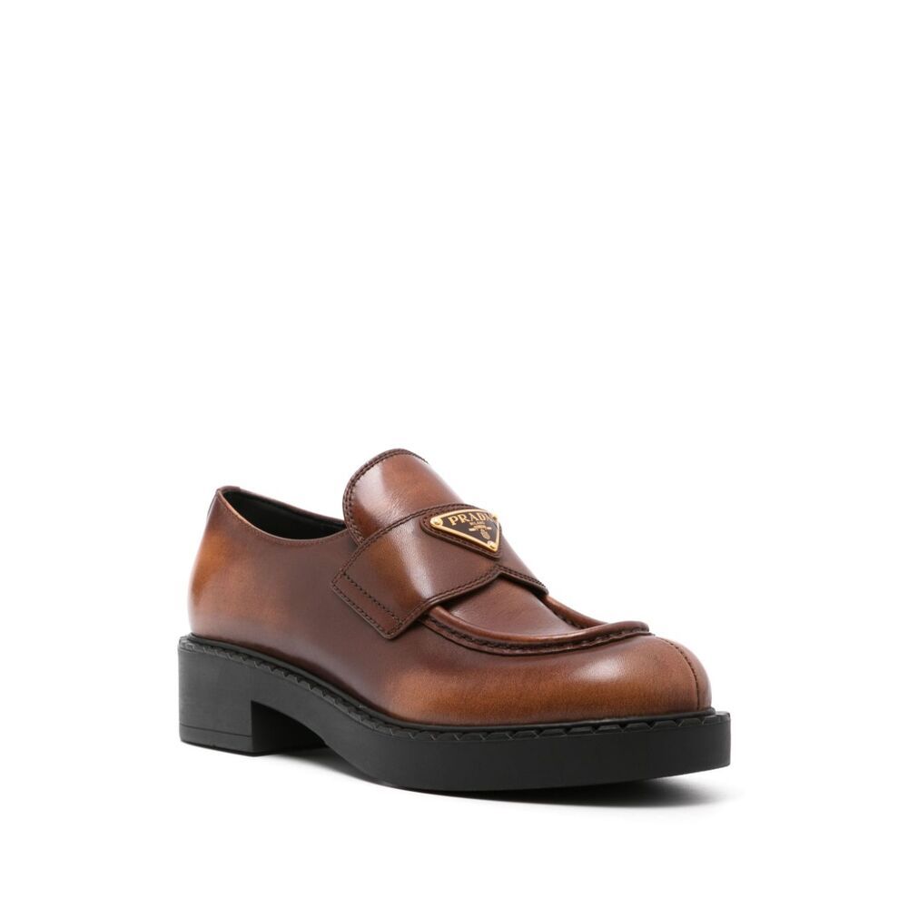 Prada Triangle-logo Leather Loafers In Brown