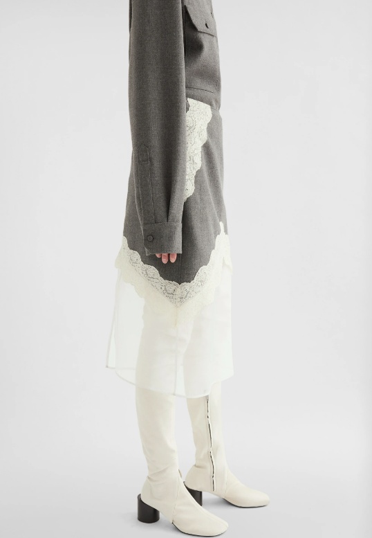 Jil Sander Asymmetric Lace Wool Skirt With Sheer Overlay In Gray