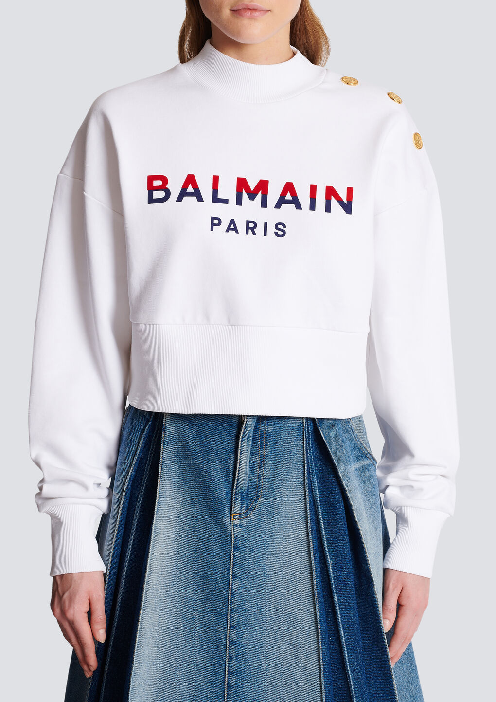 Balmain 3-button Flocked Logo-print Crop Sweatshirt In White