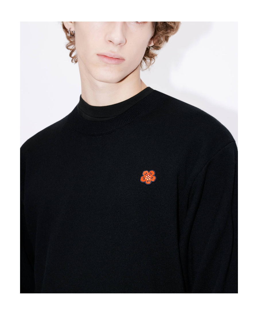 Kenzo Black Knit Jumper With Boke Flower Logo Patch On The Chest In Wool Man In Black