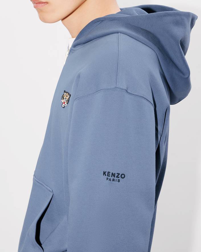 Kenzo Lucky Tiger Embroidery Zipper Hoodie In Blue
