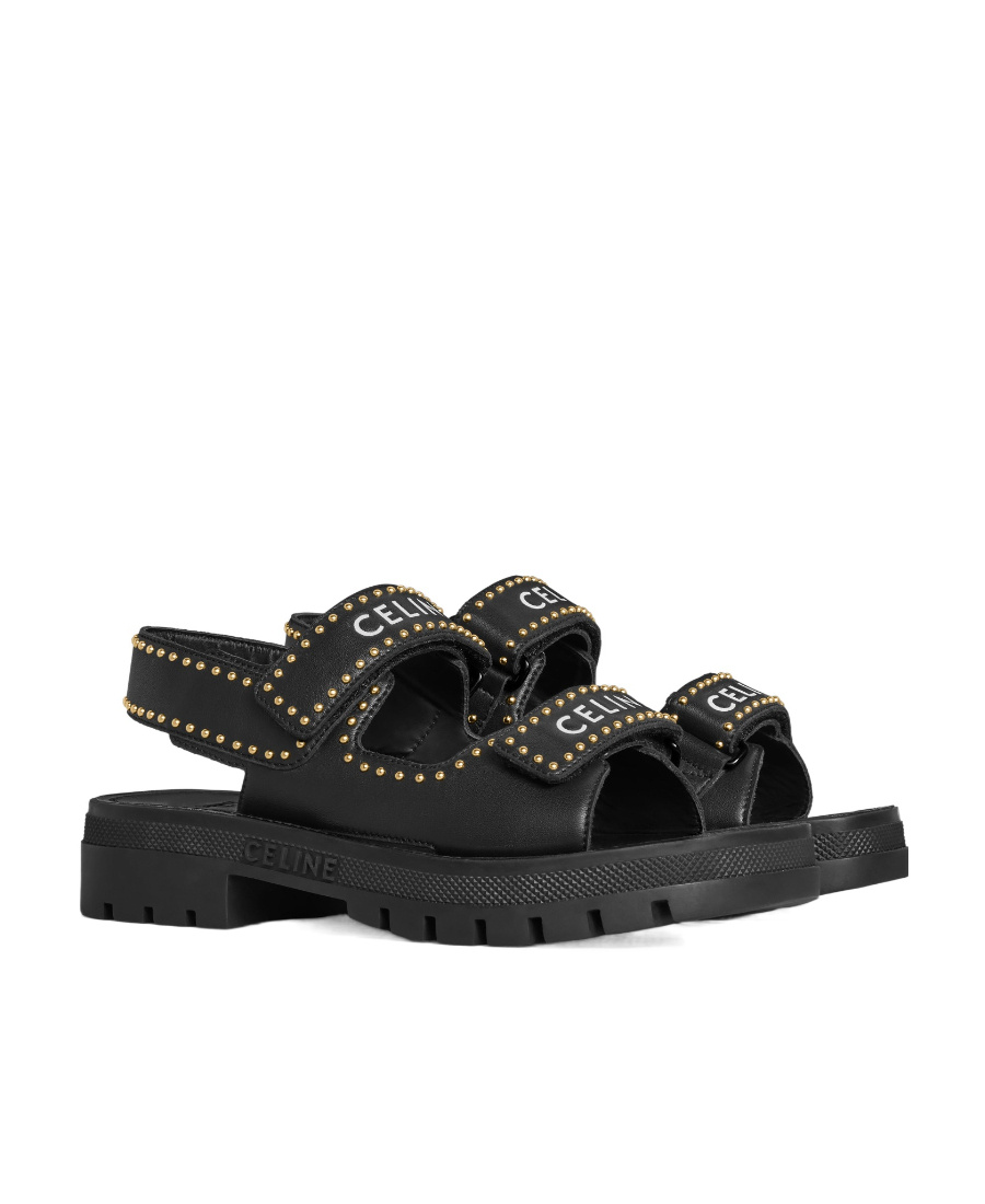 Celine Leo Riveted Flat Sandals With Thick Heels In Black