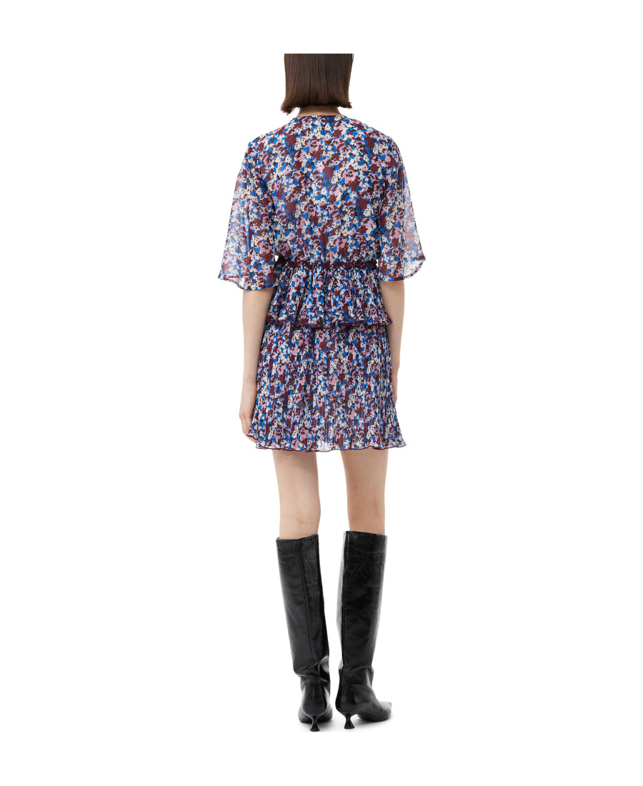 Ganni Pleated Mini Dress With Floral Motif In Multicolor