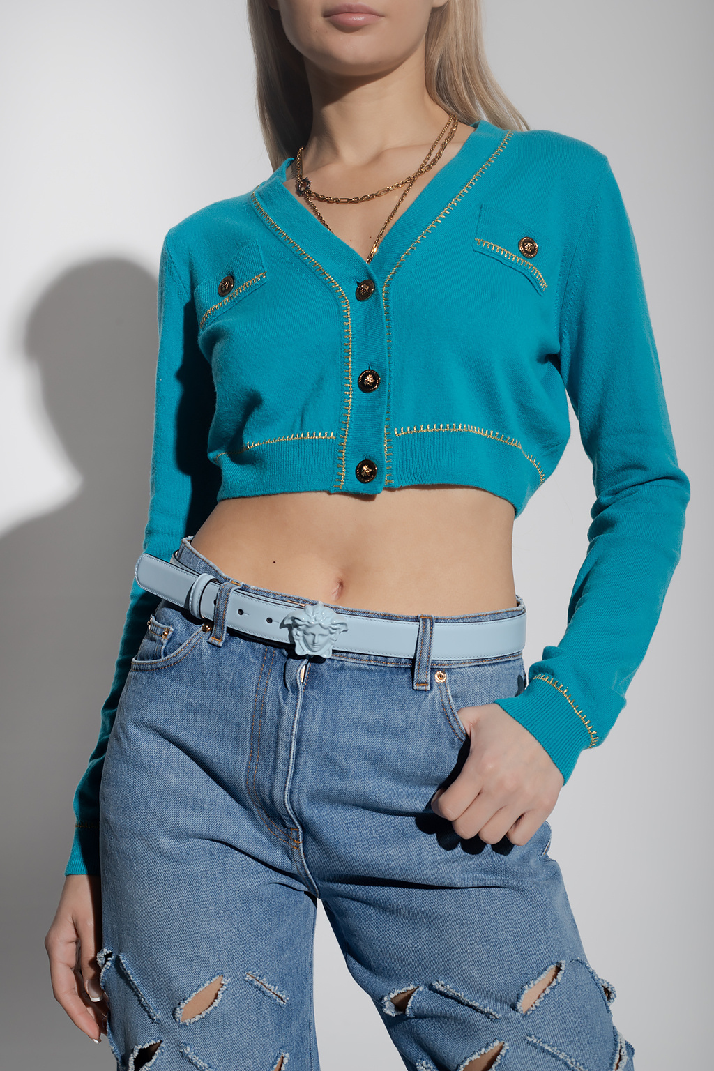 Versace Cropped Button-fastening Cardigan In Blue