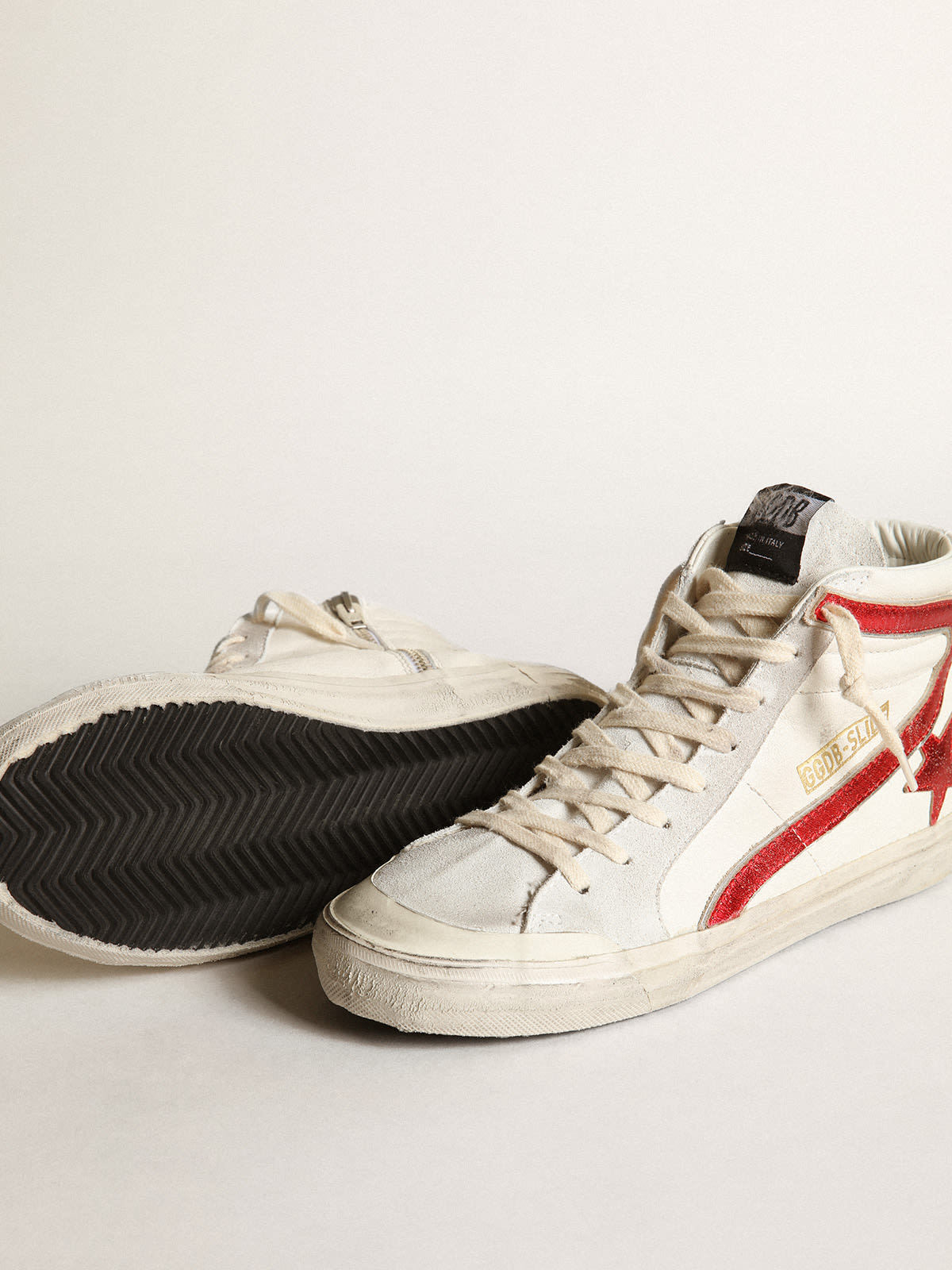 Golden Goose Slide With A Red Laminated Leather Star And Flash In Neutral