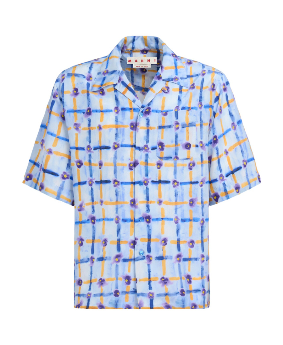 Marni Mens Habotai Silk Saraband Print Bowling Shirt In Blue/yellow
