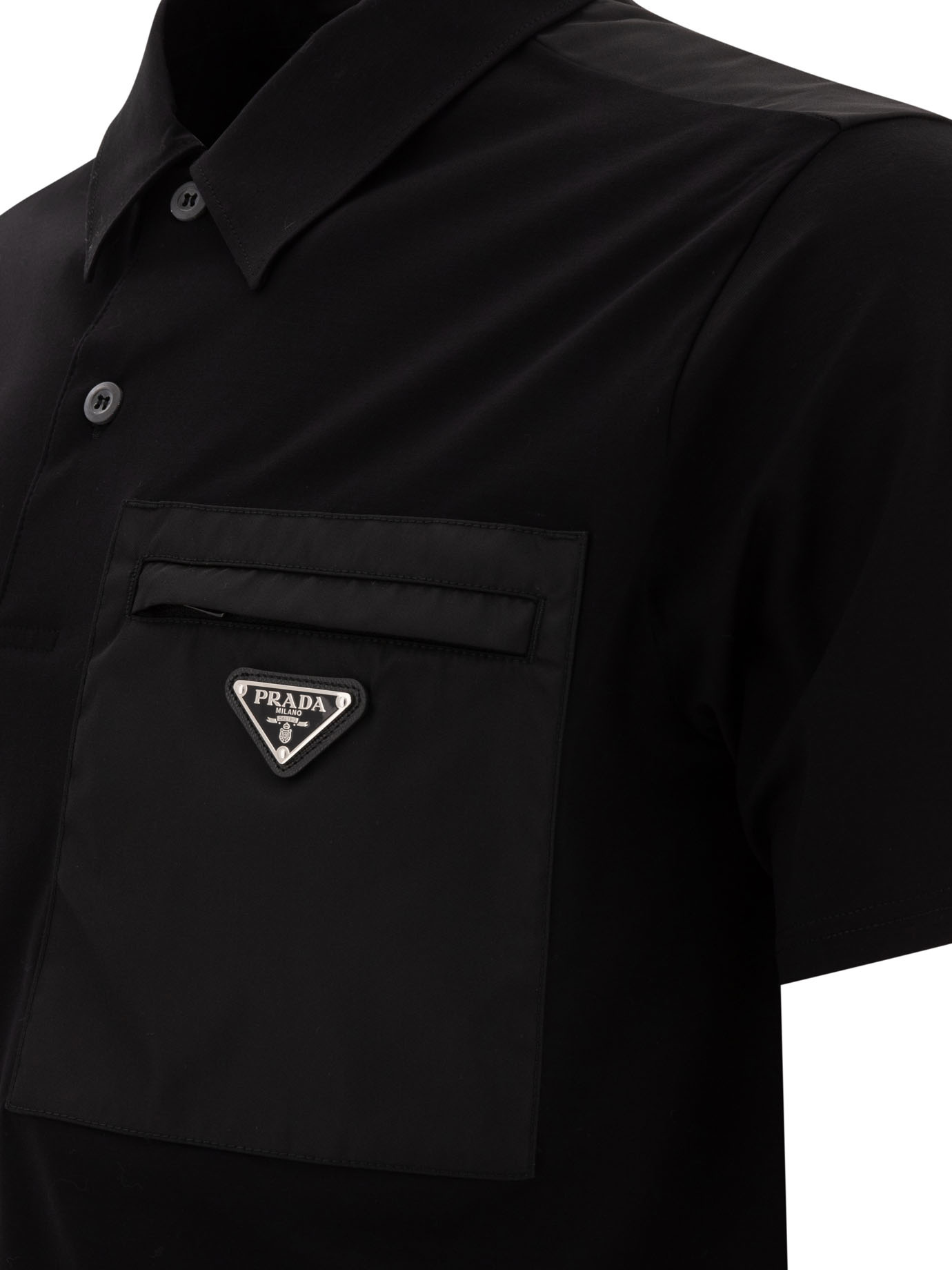 Prada Cotton Bi-material Polo Shirt In Black