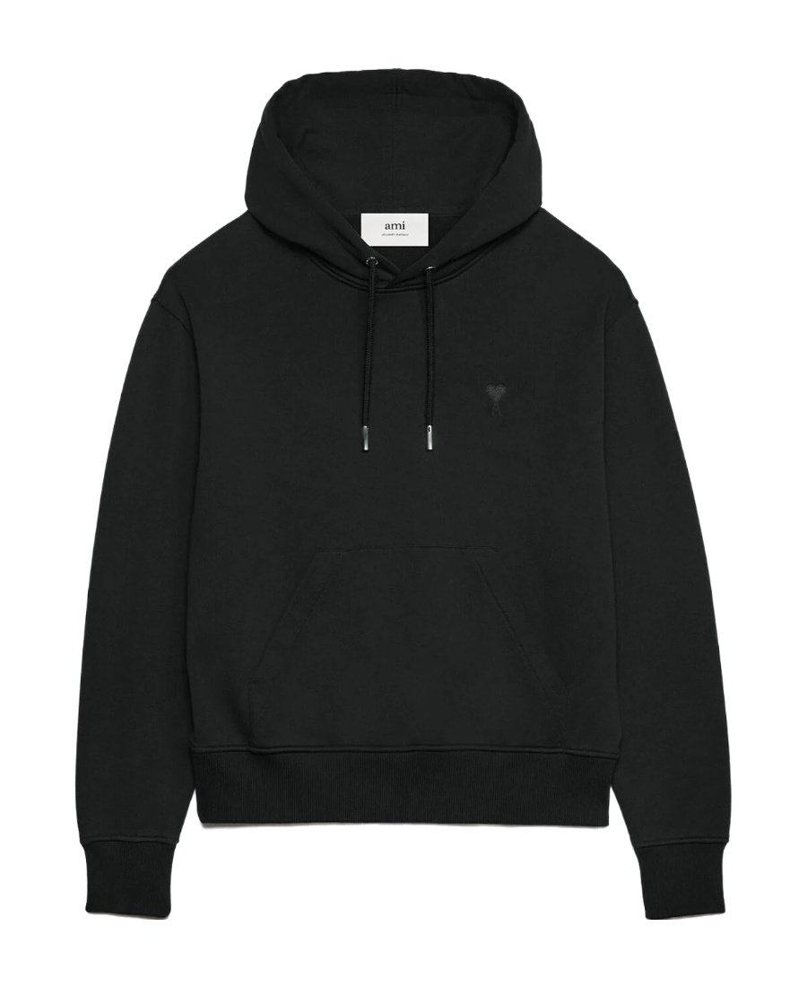 Ami Alexandre Mattiussi Hooded Cotton Sweatshirt With Kangaroo Pocket And Ribbed Finish In Black