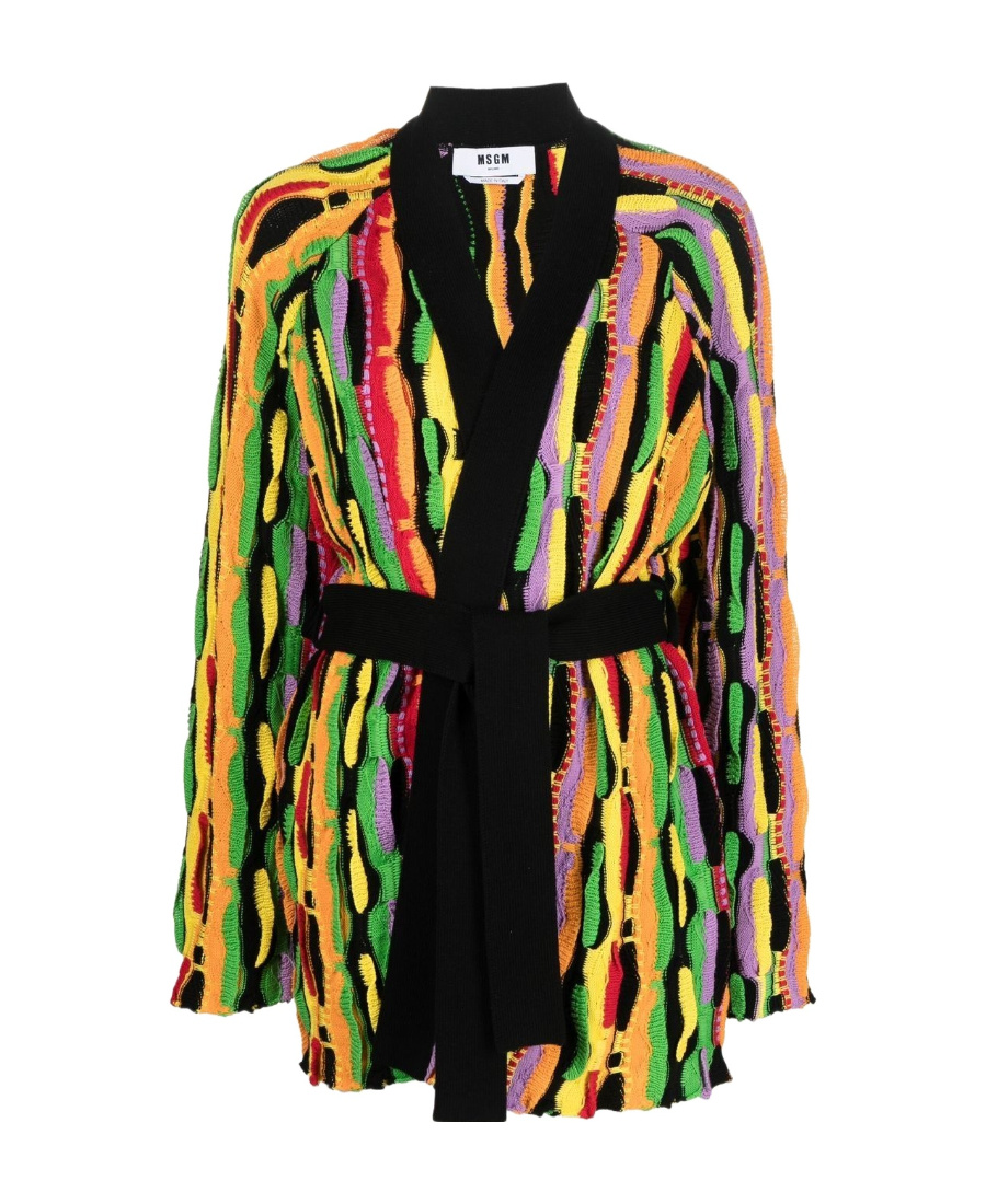 Msgm Cotton Tie-waist Knit Cardigan In Black