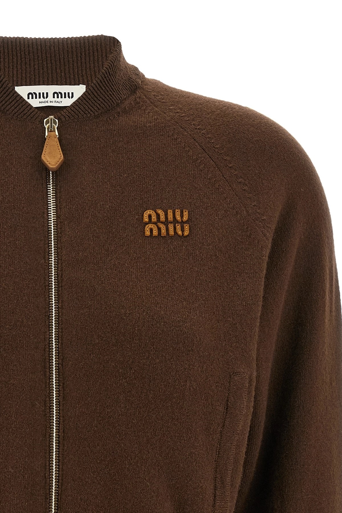 Miu Miu Stretch Cashmere Blend Cardigan With Ribbed Cuffs And Hem In Brown