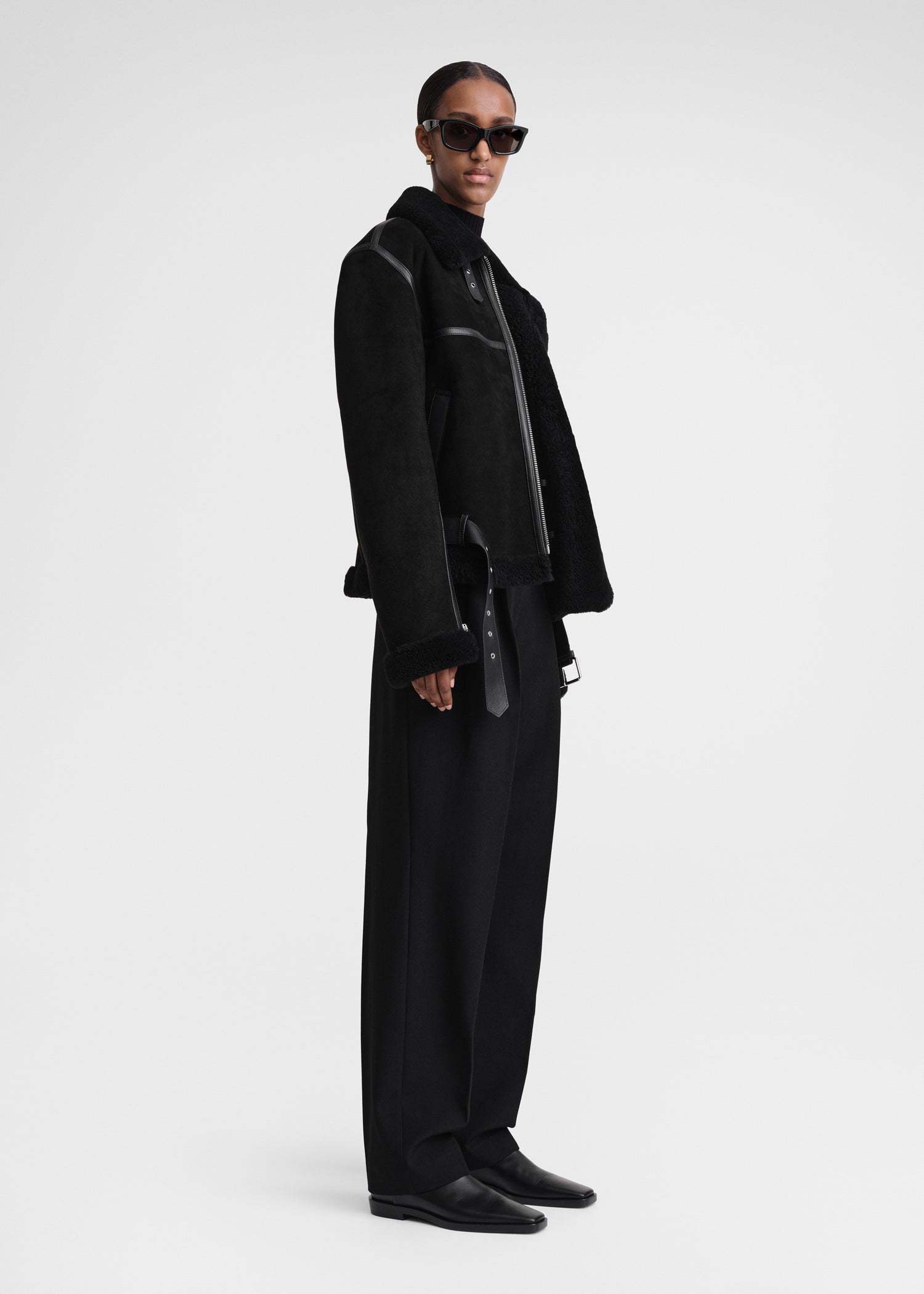 Totême Shearling-trim Zip-up Suede Jacket In Black
