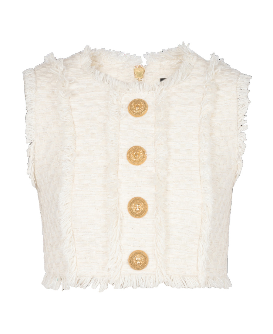 Balmain Tweed Crop Top With Buttons In White