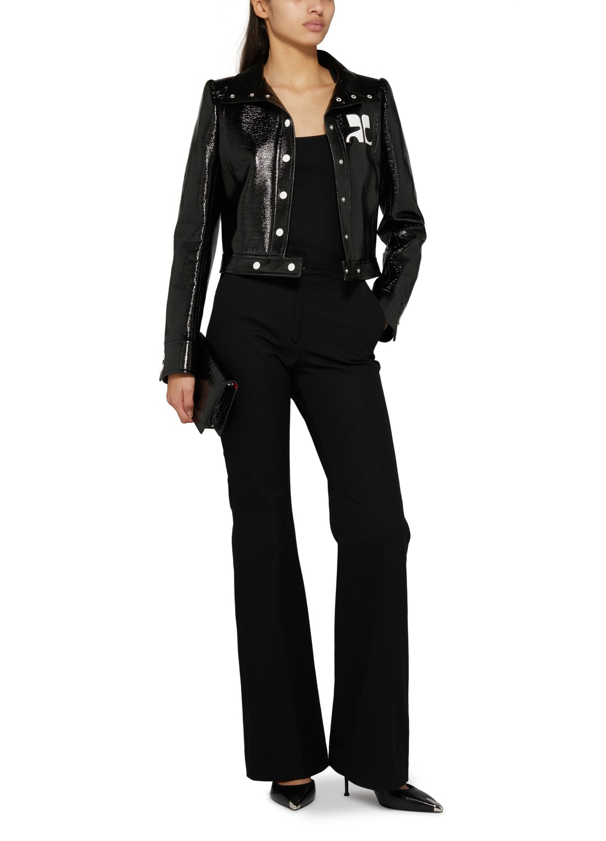 Shop Courrèges Long-sleeved Logo Leather Jacket In Black