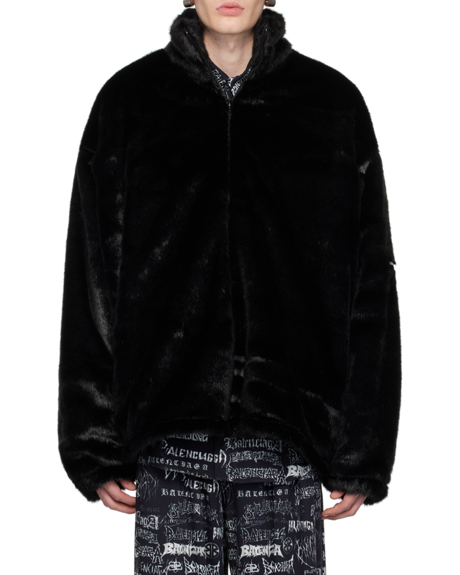 Balenciaga Logo Patch Faux Fur Jacket In Black