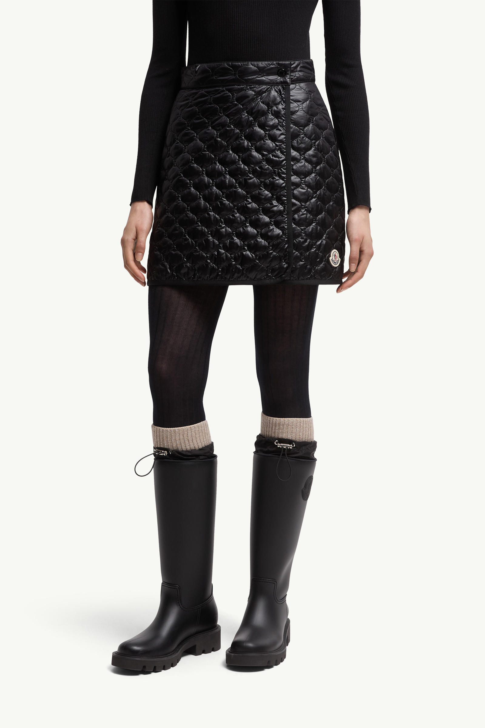 Moncler Quilted Black Skirt With Glossy Finish And Wrap Style In Black