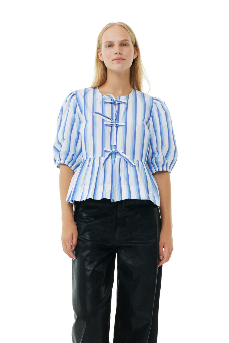 Ganni Blue Striped Cotton Poplin Peplum Tie Blouse