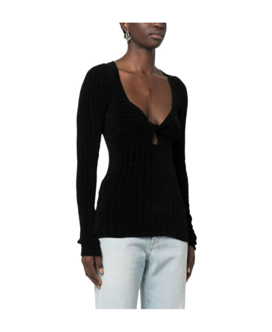 Msgm Twist-front Ribbed Long-sleeve Top In Black