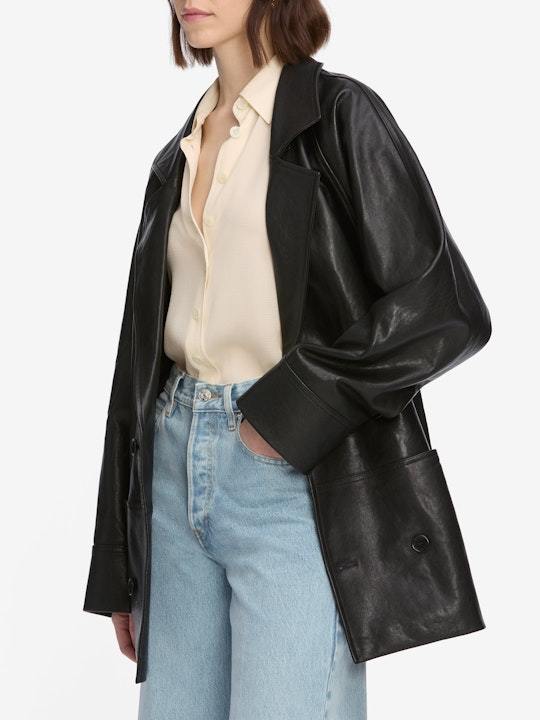 Frame Double-breasted Leather Jacket In Black