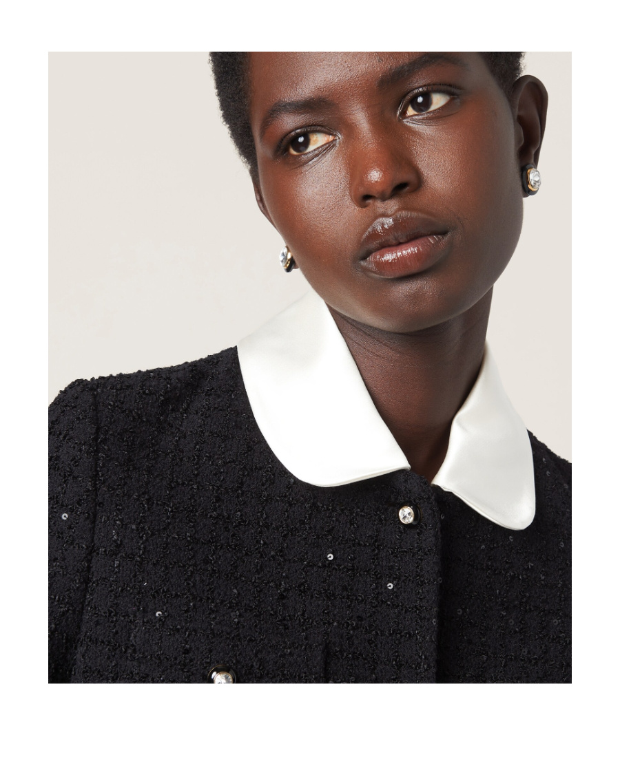 Miu Miu Bouclé Cardigan With Button Detailing And Contrast Collar In Black